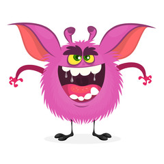 Angry cartoon monster. Vector  furry pink monster character on tiny legs and big ears. Halloween design for print, party decoration, sticker or children book
