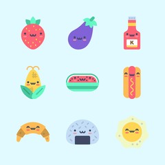 Icons about Food with watermelon, croissant, corn, ketchup, strawberry and onigiri