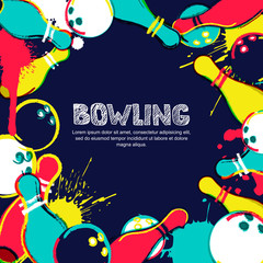 Fototapeta premium Vector bowling frame background. Abstract watercolor illustration. Bowling ball, pins and sketched letters on colorful splash background. Design elements for banner, poster or flyer.