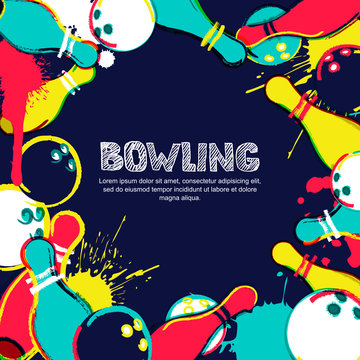Vector bowling frame background. Abstract watercolor illustration. Bowling ball, pins and sketched letters on colorful splash background. Design elements for banner, poster or flyer.