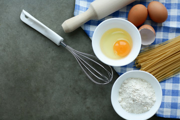 Dough preparation recipe homemade bread, pizza or pie ingridients, food flat lay on kitchen table background.