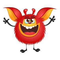 Angry red cartoon monster waving hands. Halloween vector illustration