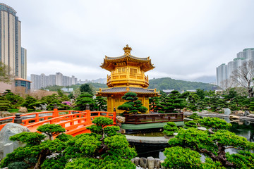 Fototapeta na wymiar Pagoda style Chinese architecture Perfection in Nan Lian Garden, Hong Kong, China.