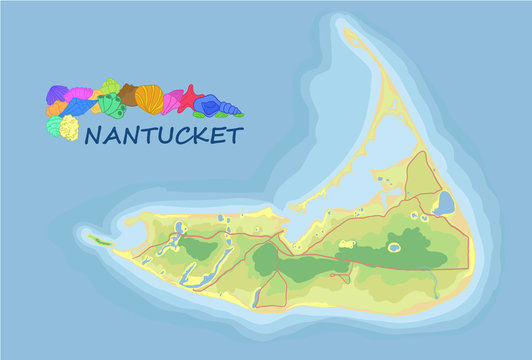 Nantucket. Vector Map. Geographic Map Detailed With The Designation Of Roads, Parks, Lakes.