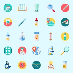 Icons set about Medical with water, worldwide, microscope, nasal spray, thermometer and surgery