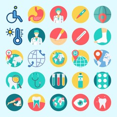 Fototapeta premium Icons set about Medical with tooth, test tubes, worldwide, tablets, surgeon and visibility