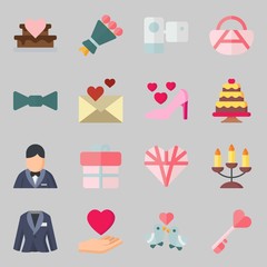 Icons set about Wedding. with love birds, groom and key