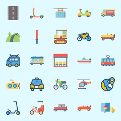 Icons set about Transportation with bike, plane, taxi, sport  car, tram and bus