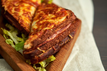 grilled sandwich on a wooden board, baked cheese