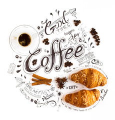 Naklejki  Ręcznie rysowane typografii o tematyce kawy z klasycznymi frazami w kompozycji vintage.