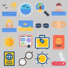 Icon set about Beach And Camping with keywords knife, passport, rope, sea life, sunglasses and sun
