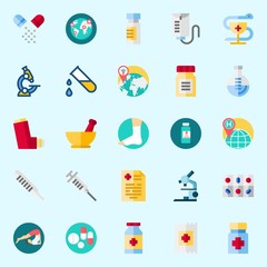 Icons set about Medical with test tube, thermometer, worldwide, syringe, yoga and microscope