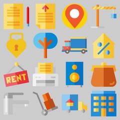 Icon set about Real Assets with keywords single, for rent, truck, text file, real estate and winch