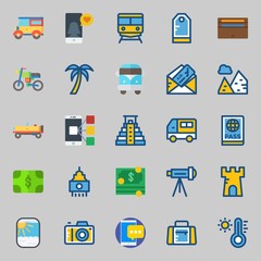 icons set about Travel. with motorbike, van, tag, photo camera, money and wallet