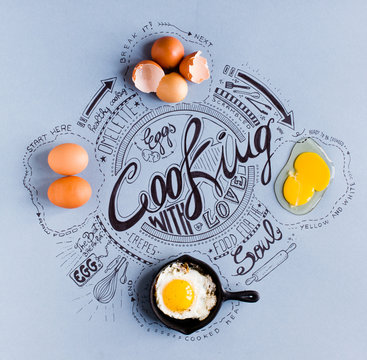 Hand Drawn Vintage Poster with eggs related cooking drawings showing 4 cooking phases
