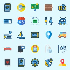 icons set about Travel. with photo camera, toilet, ticket, plane, passport and pizza