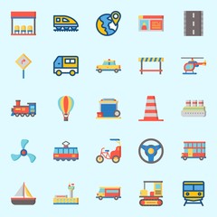 Icons set about Transportation with location, propeller, double decker, taxi, tram and hot air balloon
