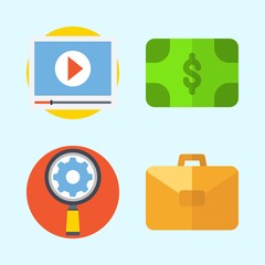 Icons set about Commerce with money, suitcase, video player and settings