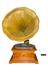 Vintage Gramophone : old retro gramophone isolated white background with clipping path.