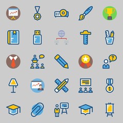 icons set about School And Education. with paperclip, tie, paint brush, presentation, medal and pendrive