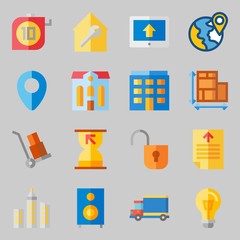 Icons set about Real Assets. with single, wheelbarrow and hotel