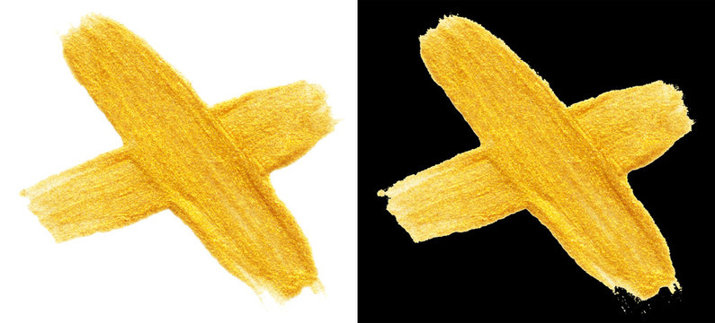 illustration set of hand drawn gold colors paint smear stain cross shape isolated on white and black backgrounds