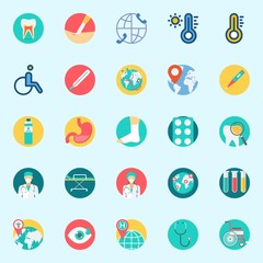 icons set about Medical. with surgeon, thermometer, worldwide, water, stretcher and stethoscope