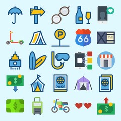 icons set about Travel. with parking, passport, wine, scooter, sunglasses and shop