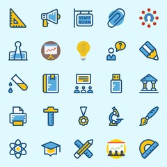 icons set about School And Education. with set square, medal, physics, ruler, microscope and pendrive