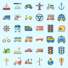 Icons about Transportation with scooter, direction sing, anchor, truck, hot air balloon and bike