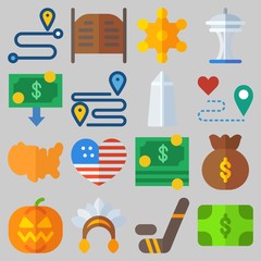 Icon set about United States with keywords united states, sheriff, route, salon, pumpkin and money