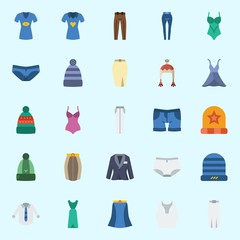 Icons set about Women Clothes with suit, swimsuit, shirt, winter hat, dress and panties