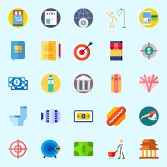 Icons set about Lifestyle with wc, water, yoga, target, museum and newspaper