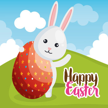 rabbit with eggs painted easter celebration vector illustration design