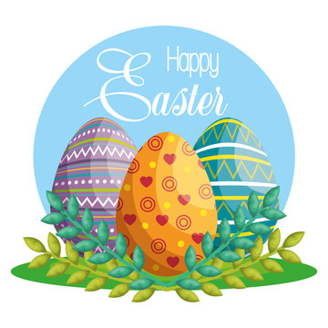 eggs painted happy easter celebration vector illustration design