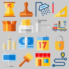 Icon set about Real Assets with keywords measuring, online store, painted, plumbering, skyline and padlock
