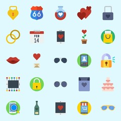 icons set about Romance Lifestyle. with wedding cake, wedding rings, padlock, plant, love letter and route