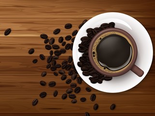 Cup of coffee with coffee beans on brown wooden background