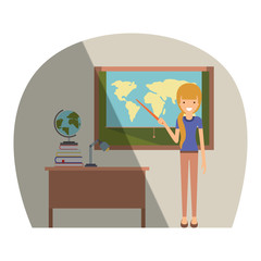 female teacher in geography class with pile books vector illustration design