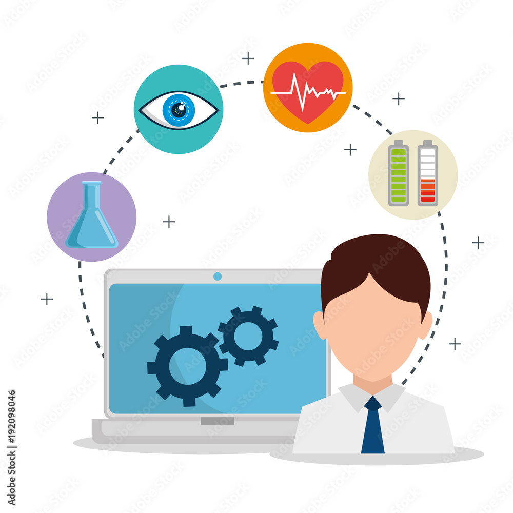 Poster scientist invention in robotic cybernetic engineering industry artificial intelligence concept vecto