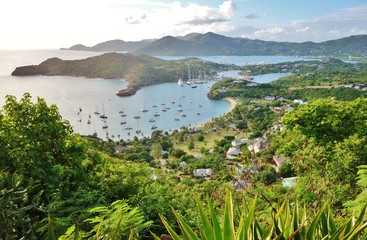 View of the Caribbean island of Antigua and English Harbour seen from the Shirley Heights Lookout