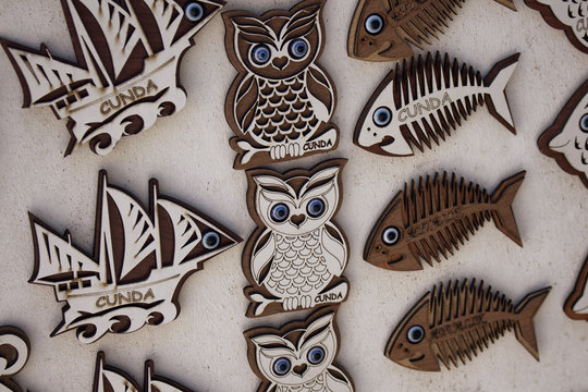 Close up view of wooden souvenirs of Cunda (Alibey) island.