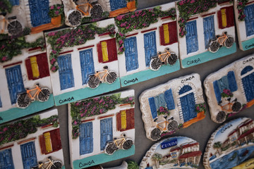 Close up view of many stone souvenirs of Cunda (Alibey) island.