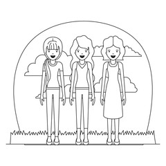 group of elegant women in the field avatars vector illustration design