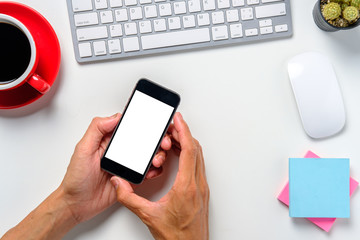 Man hands holding blank screen a smartphone