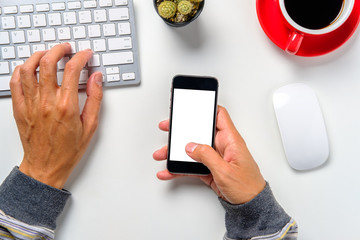 Man hands holding blank screen a smartphone