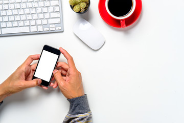 Man hands holding blank screen a smartphone