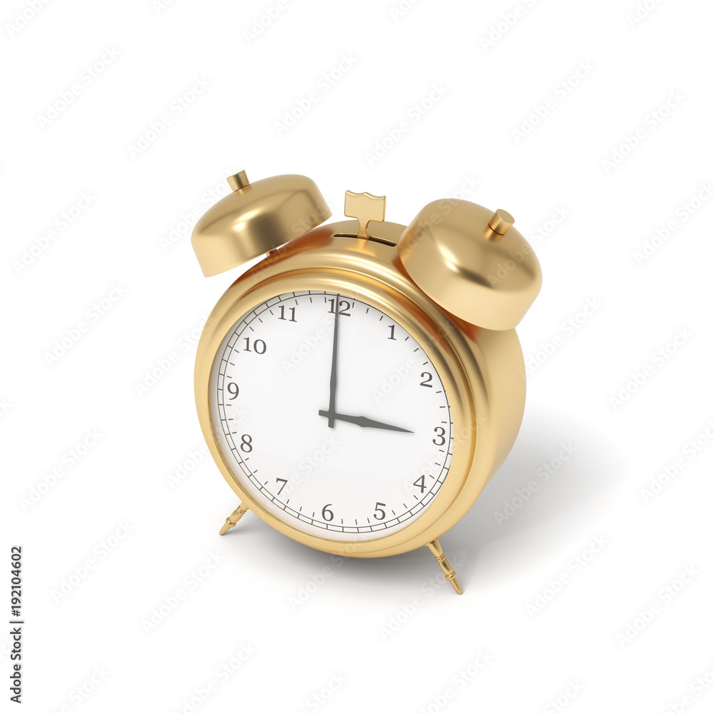 Poster 3d rendering of a golden retro alarm clock with bells isolated on a white background.