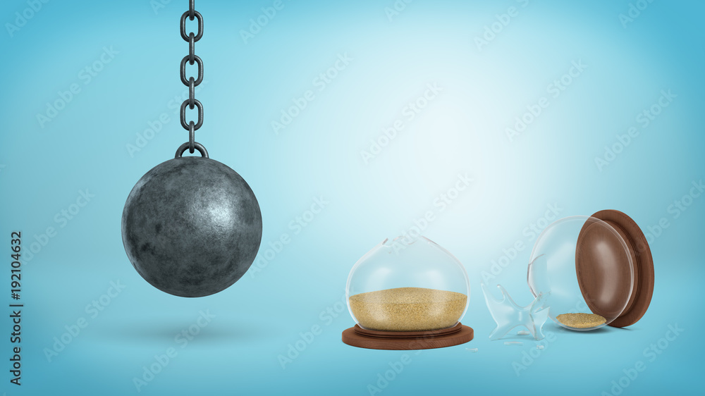 Poster 3d rendering of a broken retro hourglass lying in halves with sand still inside near a hanging wreck