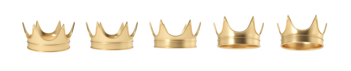 3d rendering of set of golden royal crown isolated on a white background.